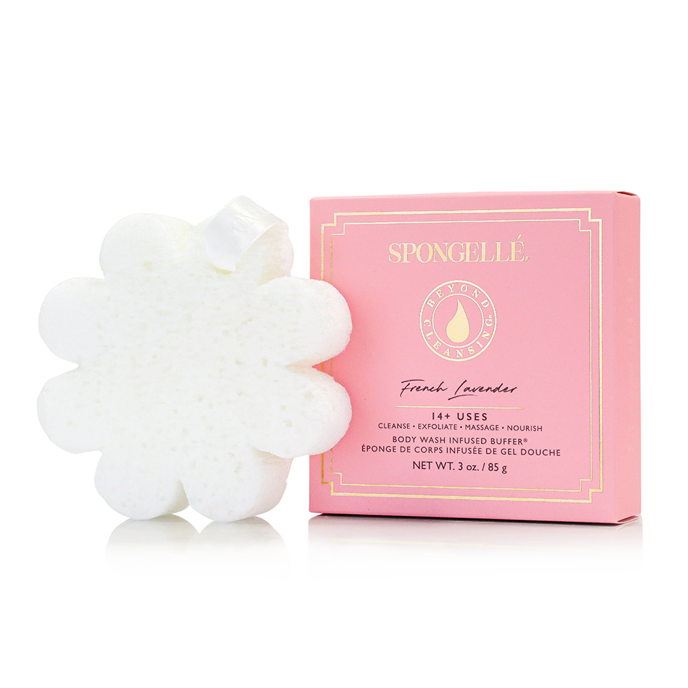 Pink boxed shower sponge with a white flower-shaped sponge accessory