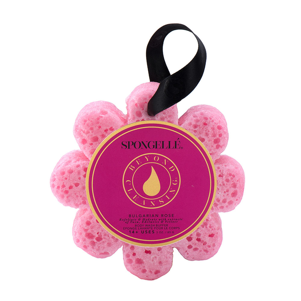 Pink sponge flower refill with black ribbon and SPONGELLE label
