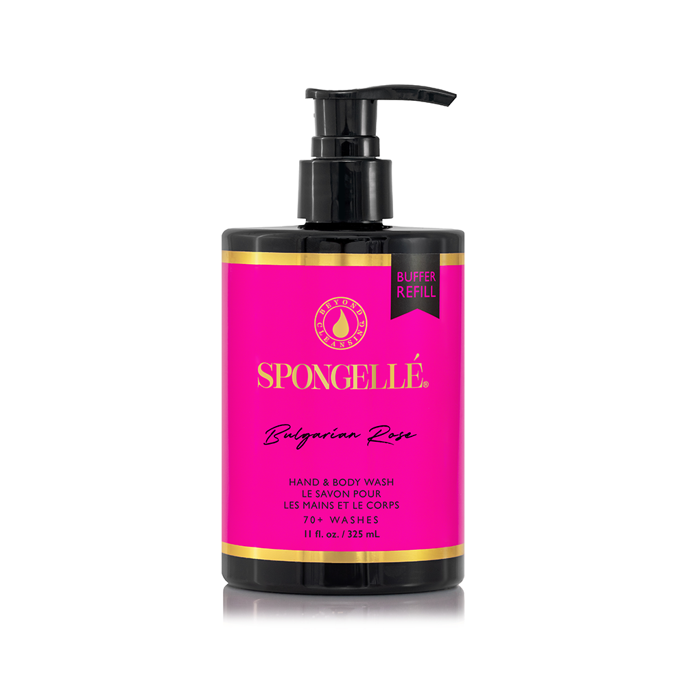 Pink hand & body wash refill bottle with black pump