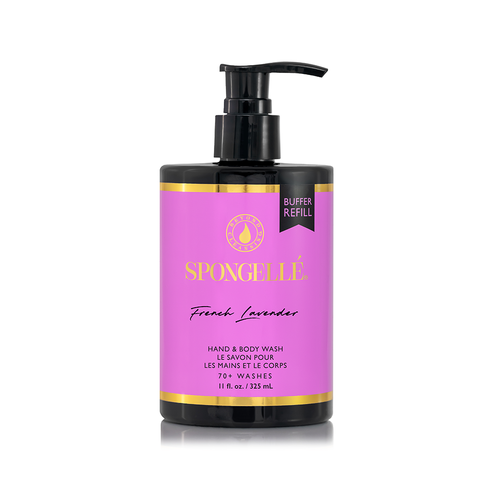 Pink body and hand wash refill bottle with black pump and gold band