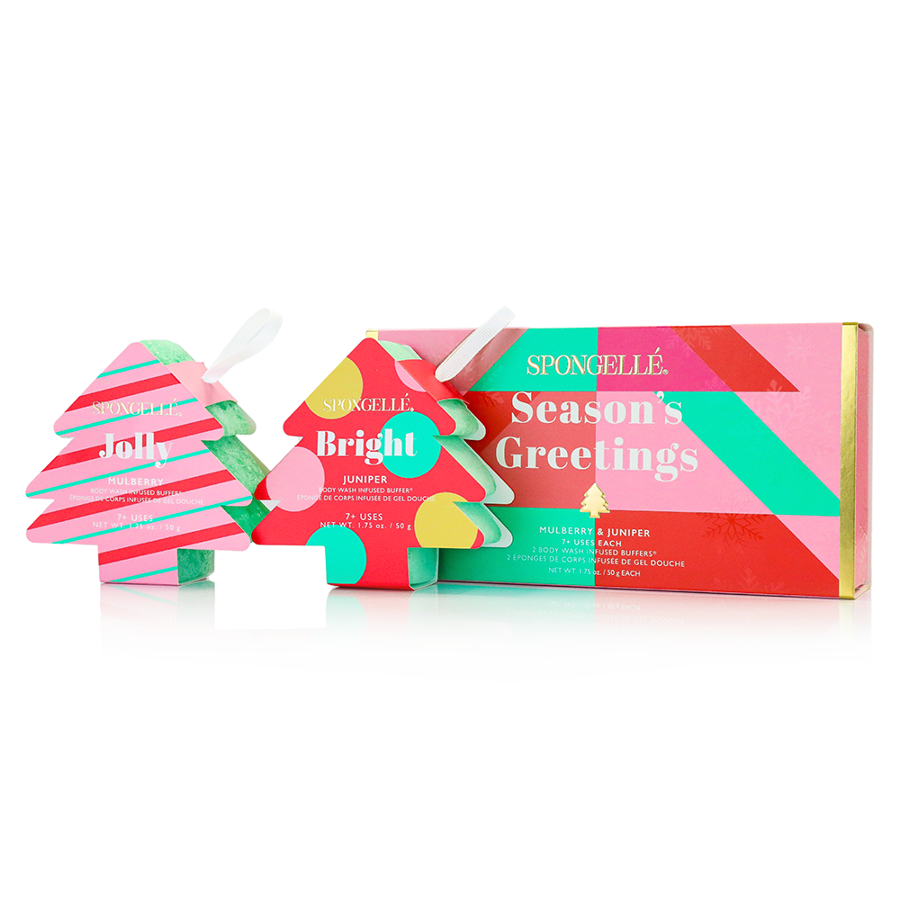 SPONGELLE holiday tree gift set box with two colorful tree-shaped sponge bars