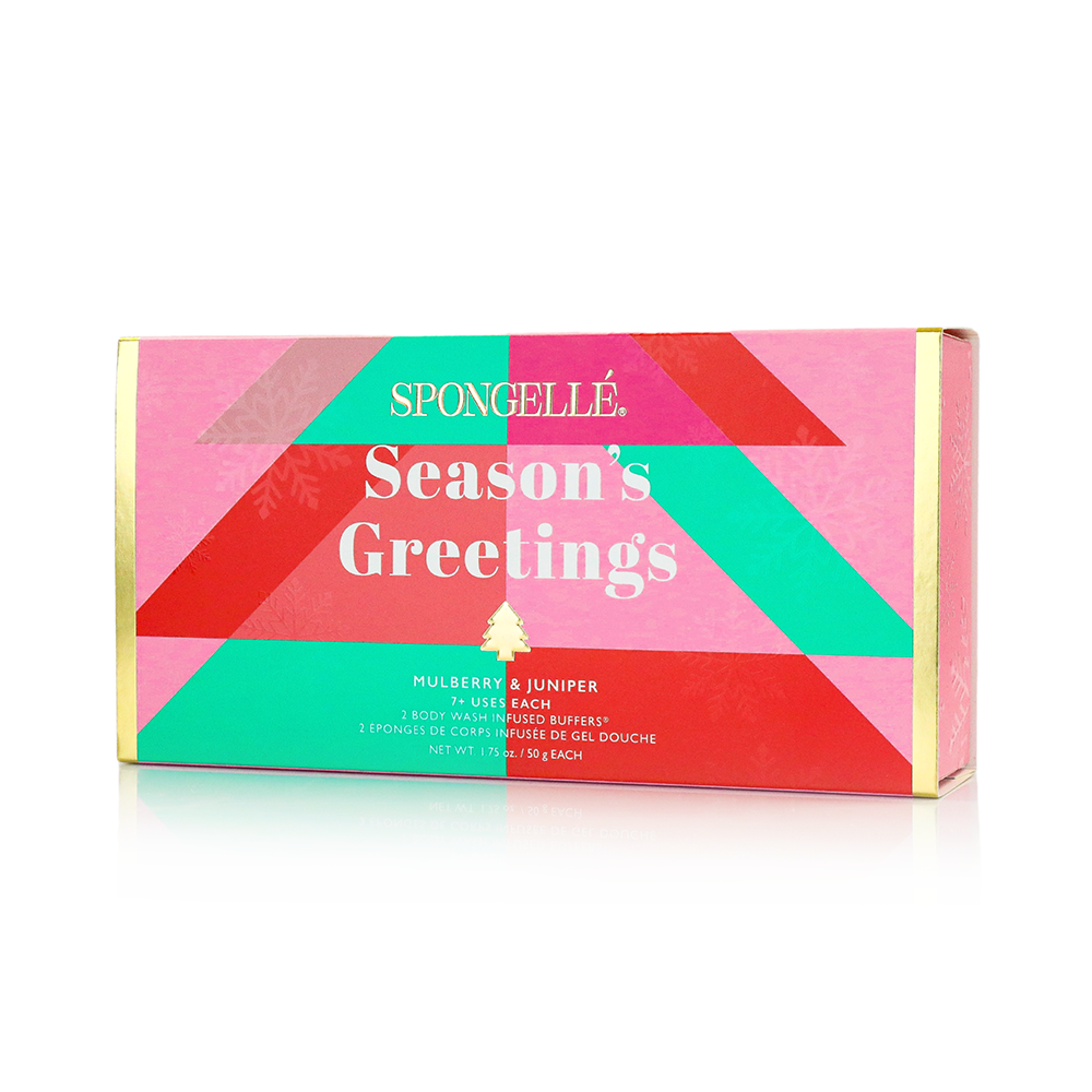 SPONGELLE Season’s Greetings gift set box with small tree-shaped sponge inside