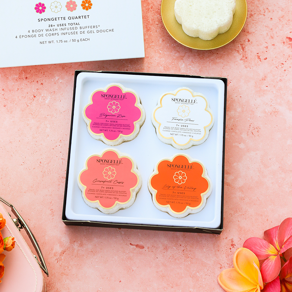 Flower-shaped sponge buffer set in open tray, four colored bars