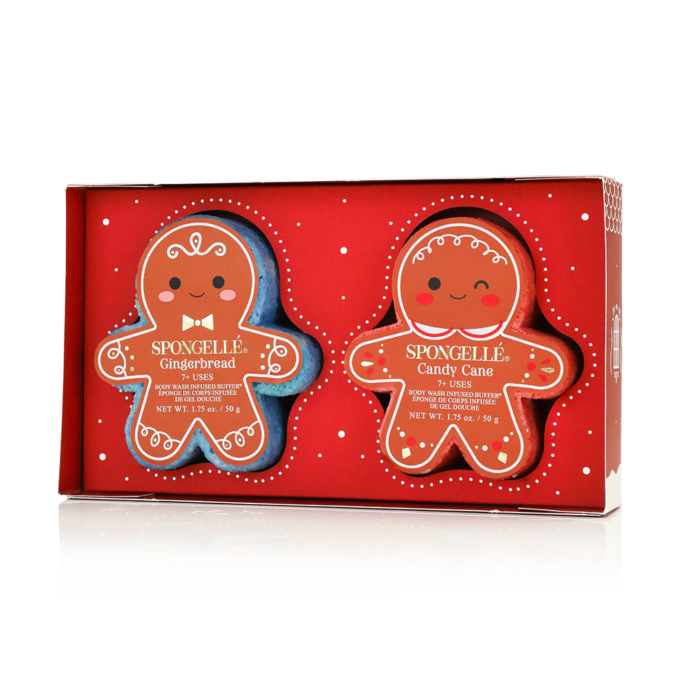 Holiday gingerbread gift set with two gingerbread-shaped Spongeelle bath sponges