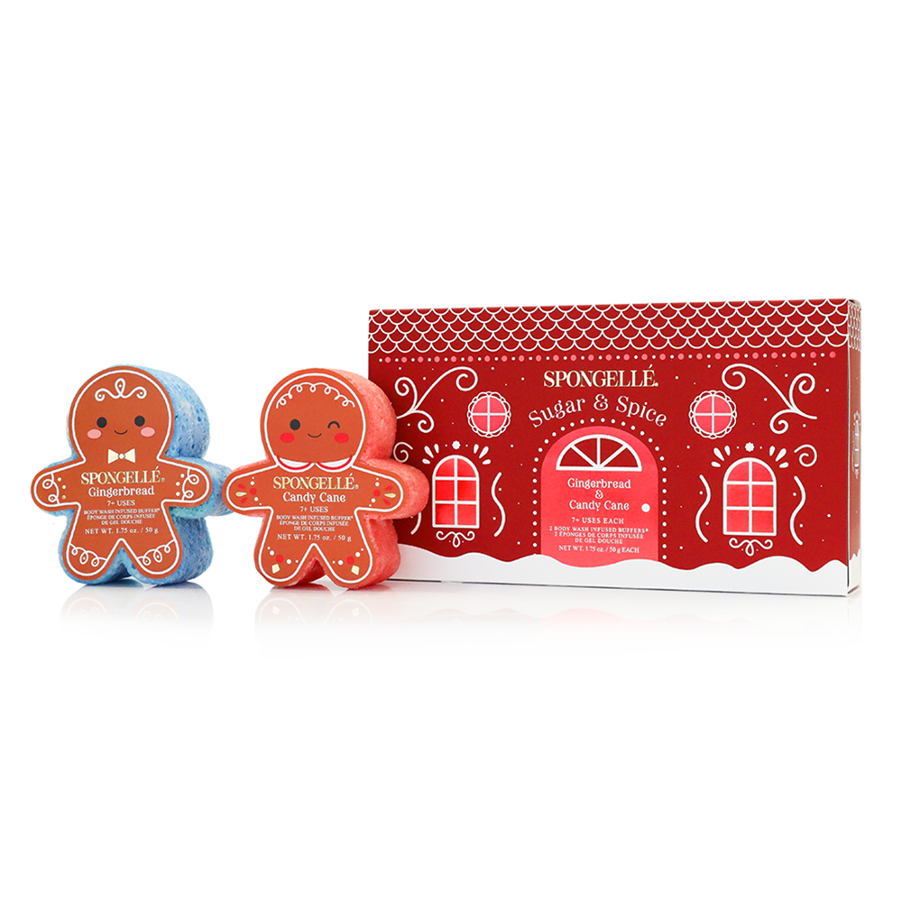Holiday gingerbread gift set with two gingerbread-shaped Spongelle sponges and red box