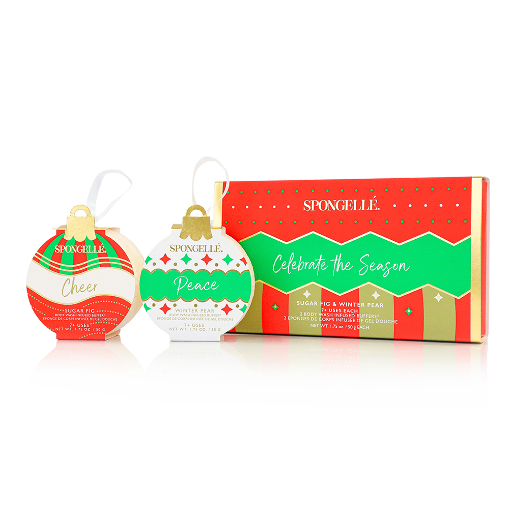 SpongeGel holiday ornament gift set with two round ornaments and Celebrate the Season box