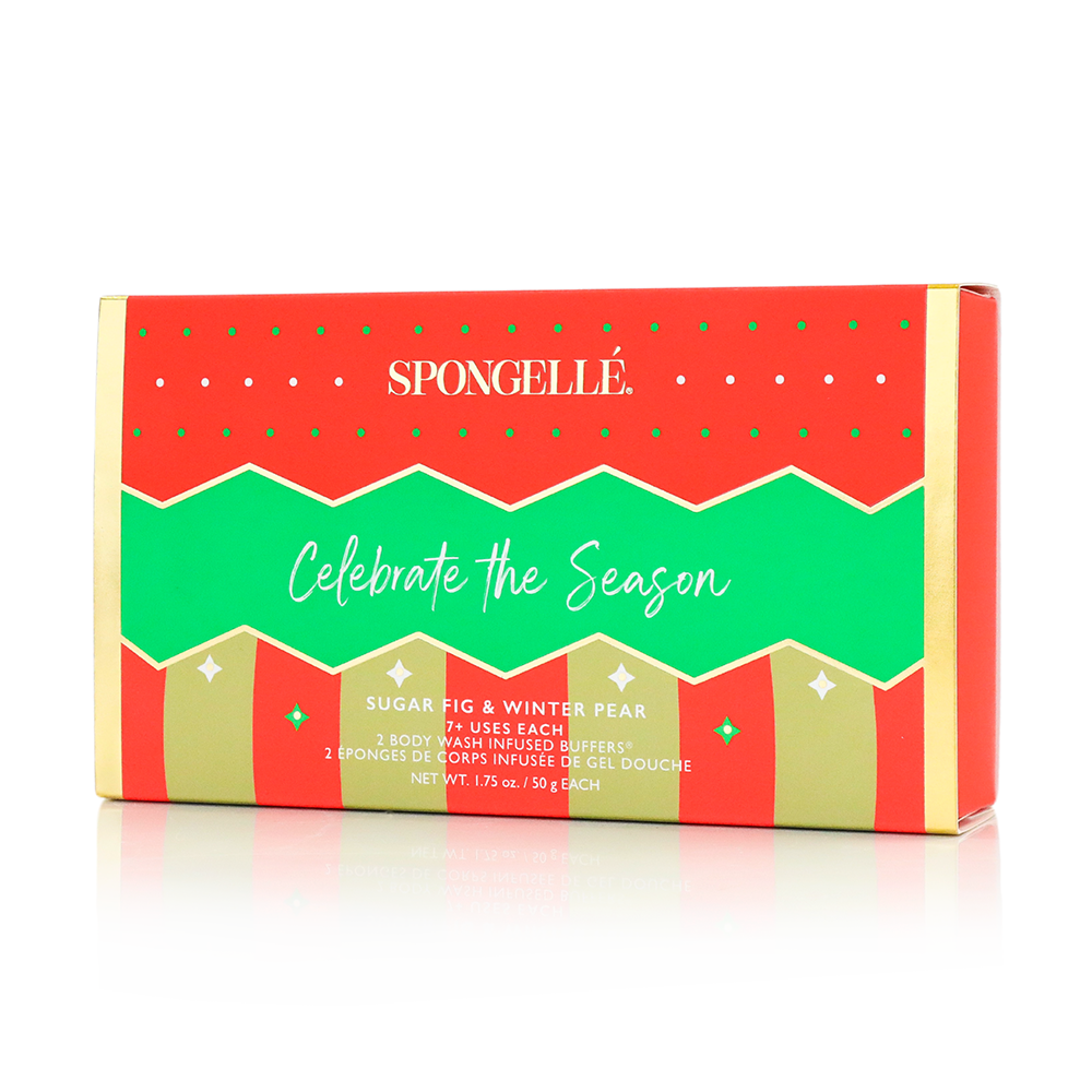 SpongeGel Celebrate the Season gift box with green chevron and red dotted design