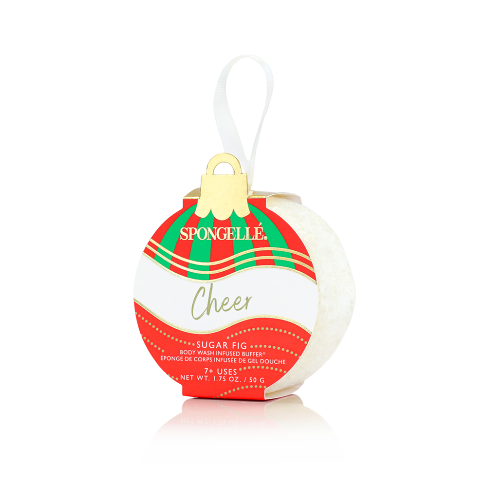 SpongeGel Cheer round holiday ornament in red and green, Sugar Fig & Winter Pear