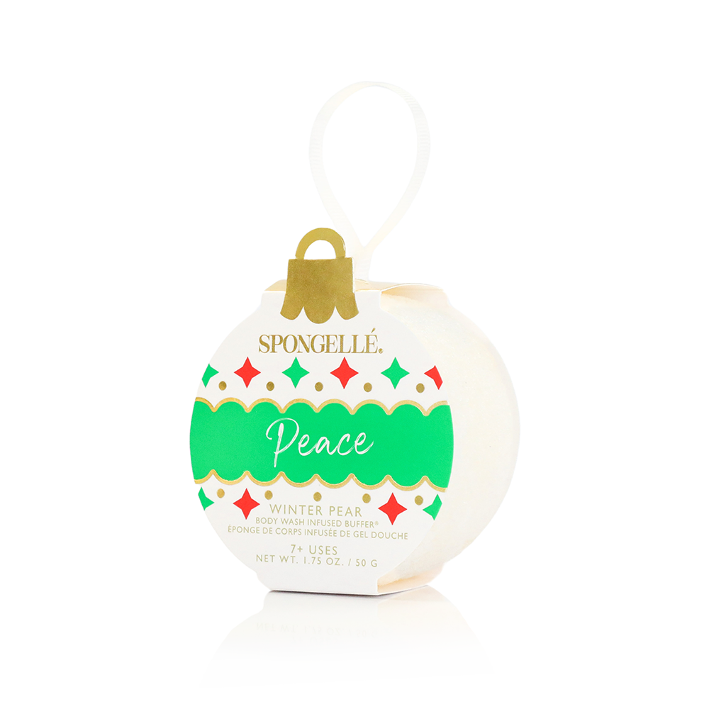 SpongeGel Peace round holiday ornament in green and red, Winter Pear scented