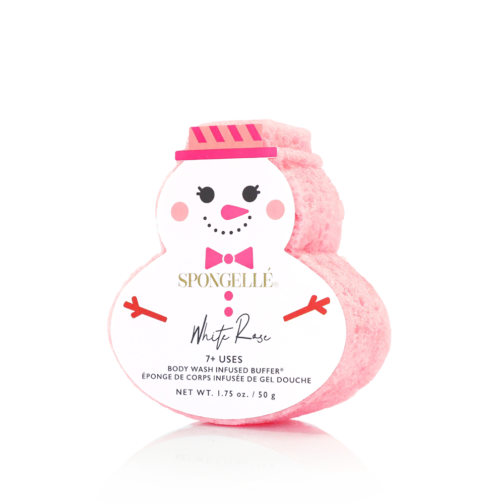 Pink snowman bath buffer with smiling face and pink striped hat