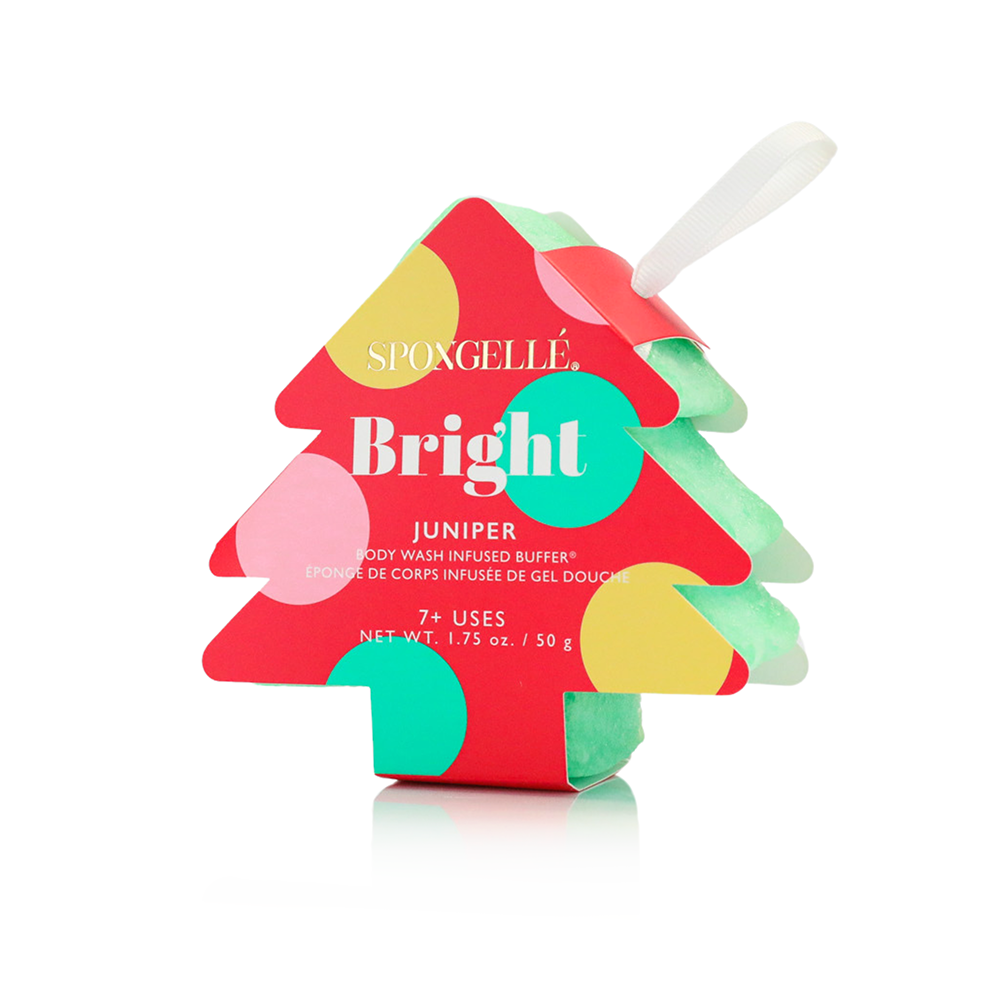 Bright tree-shaped sponge bar in red and green with white ribbon