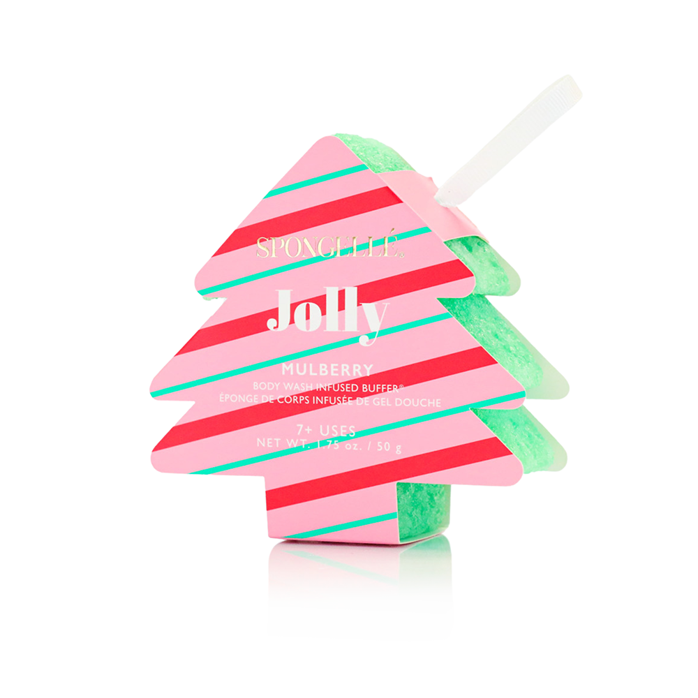 Jolly tree-shaped sponge bar in striped pink and green with white ribbon