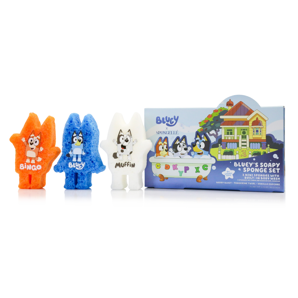 Bluey body wash infused buffer gift set with three character sponges and gift box