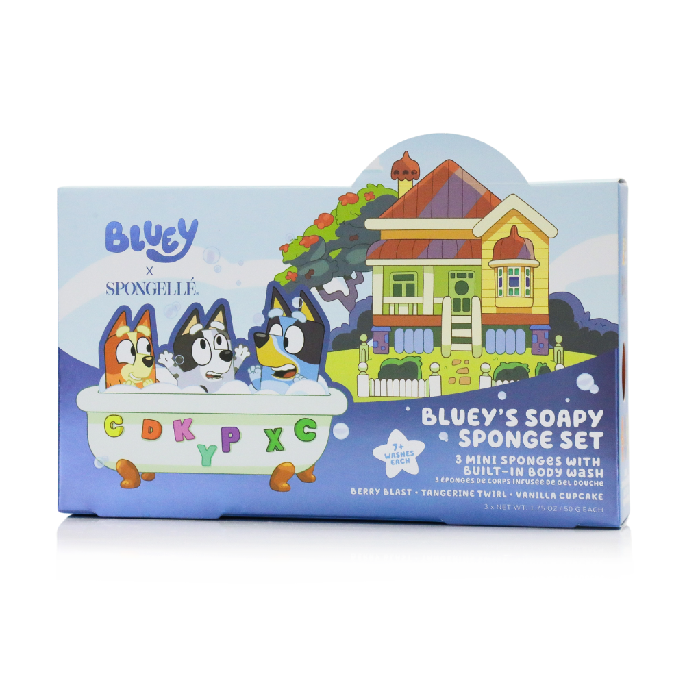 Bluey body wash infused buffer gift set box front with three mini sponge set details