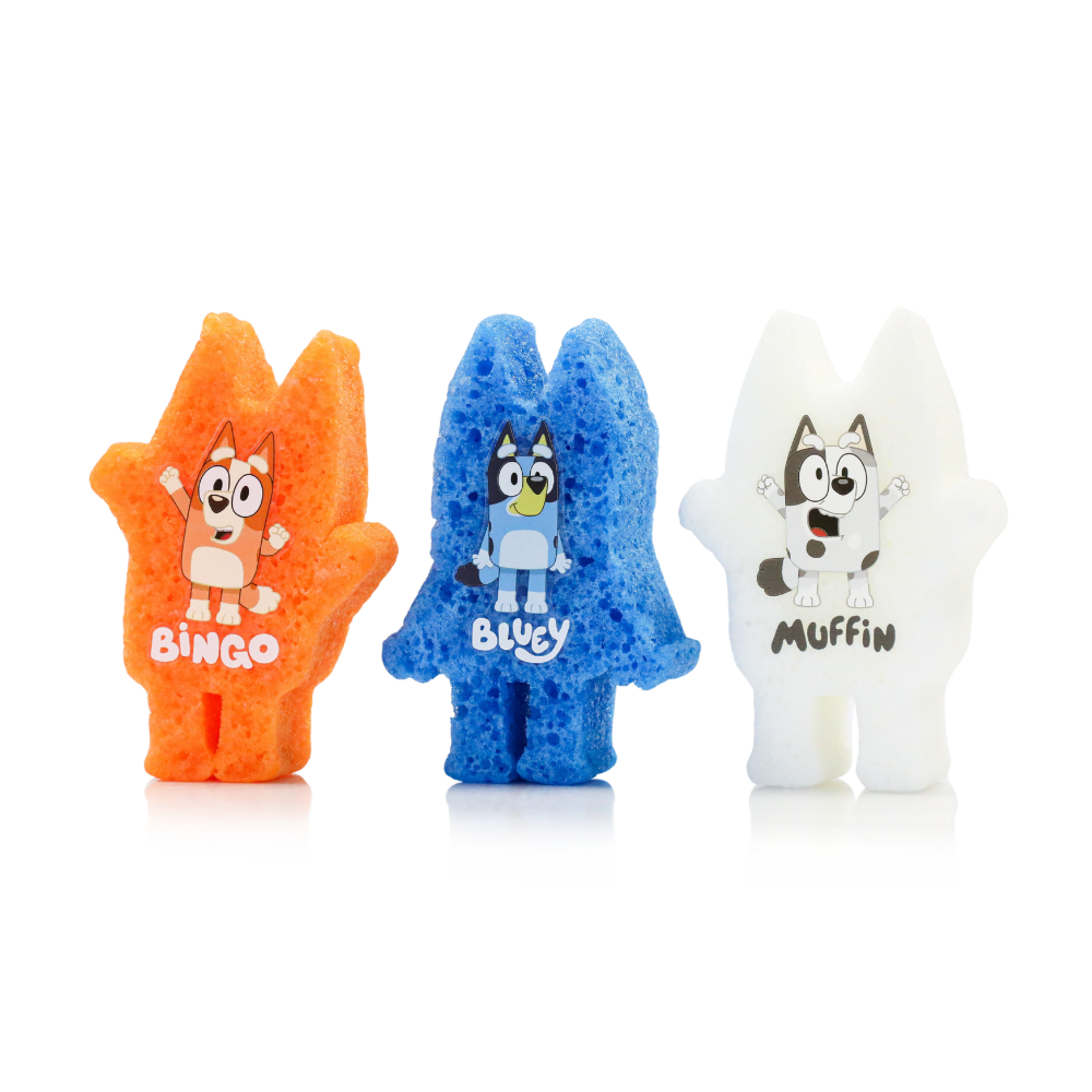 Three character buffer sponges: orange Bingo, blue Bluey, white Muffin body wash set