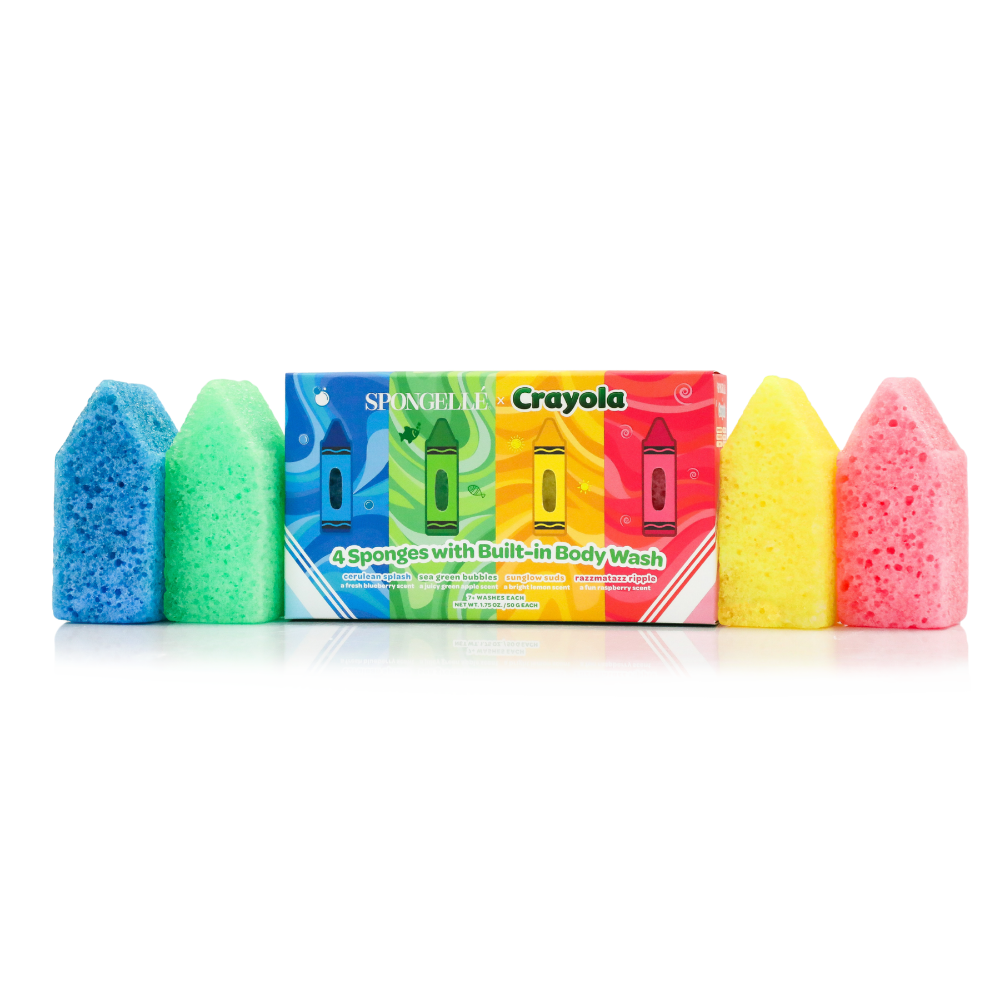 Body wash infused sponge gift set, four colorful wedge sponges with Crayola box