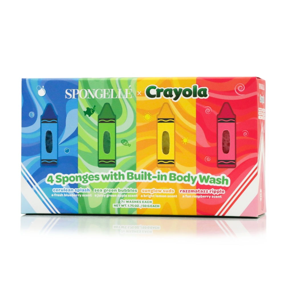 SPONGELLE x Crayola sponge set box featuring four body-wash infused sponge wedges