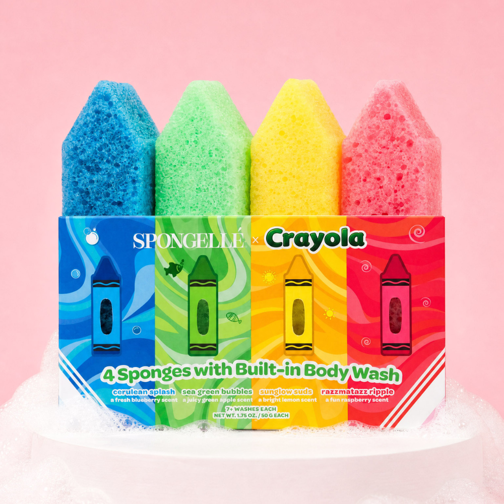 Body wash sponge set with four pastel wedge sponges and colorful Crayola packaging