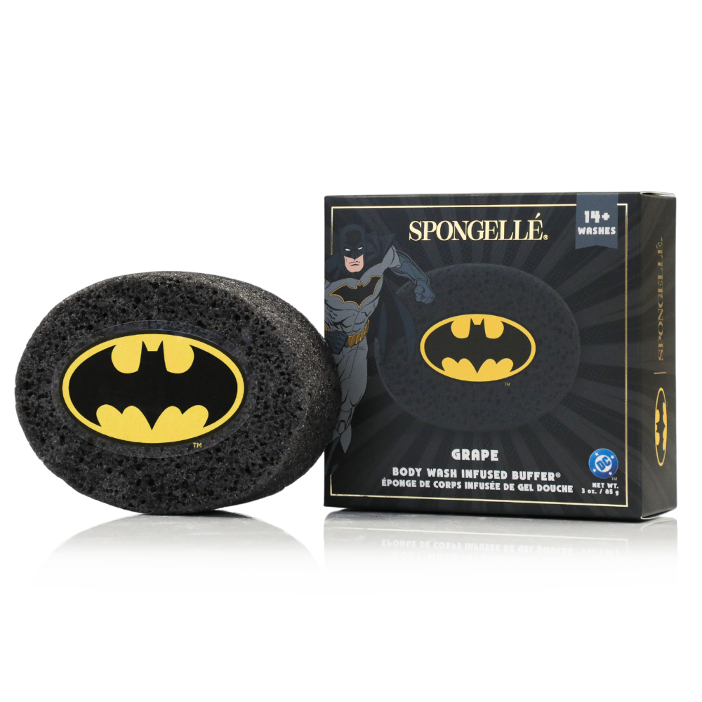 Black Batman body buffer oval sponge with grape infused buffer pack
