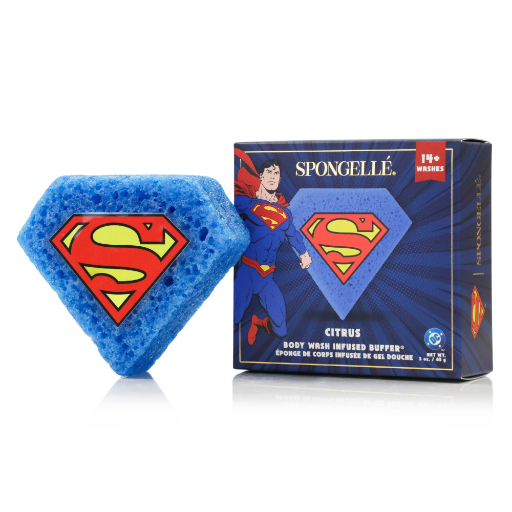 Blue Superman body buffer sponge triangle with citrus infused buffer pack