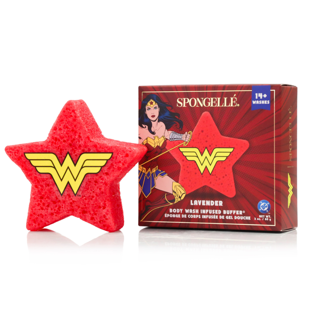Red Wonder Woman body buffer star sponge with lavender infused buffer pack