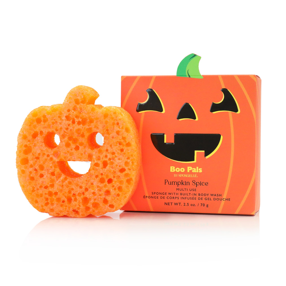 Jack-o'-lantern face sponge buffer, orange and textured, for pumpkin spice