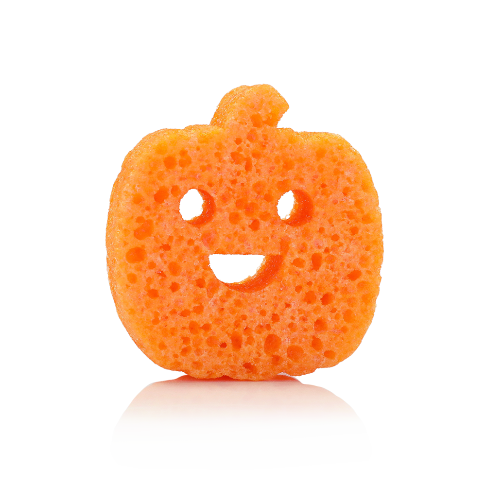 Orange textured jack-o-lantern face sponge buffer with smile and eyes