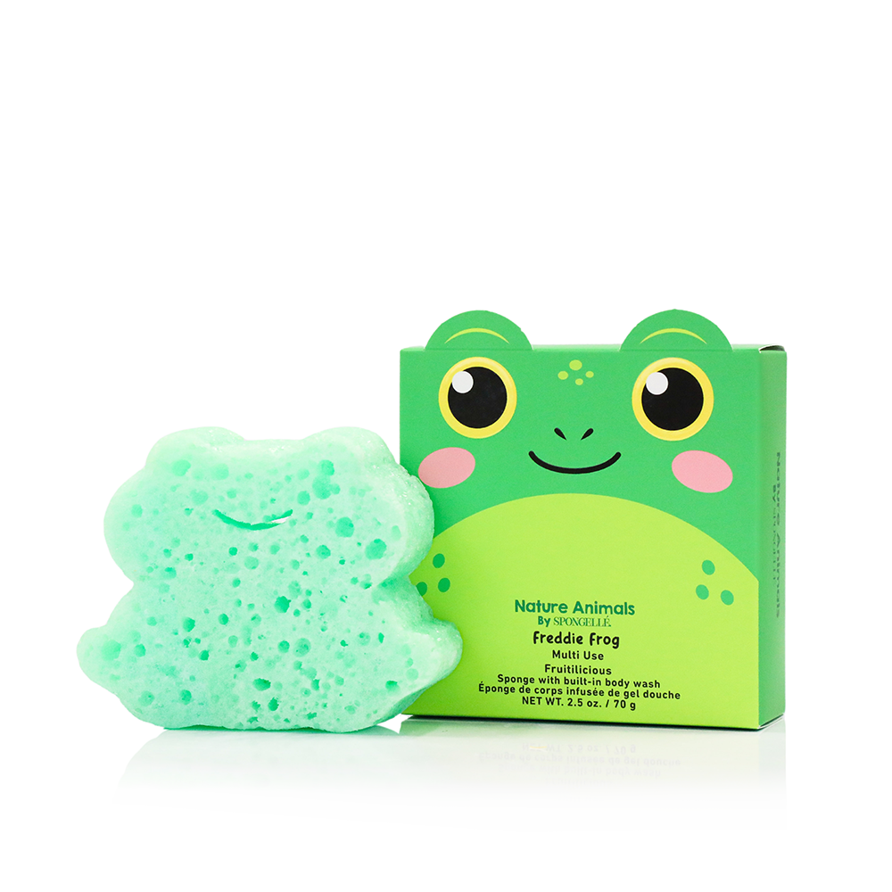Frog-shaped bath sponge and green nature-animals gift box, mint green textured sponge