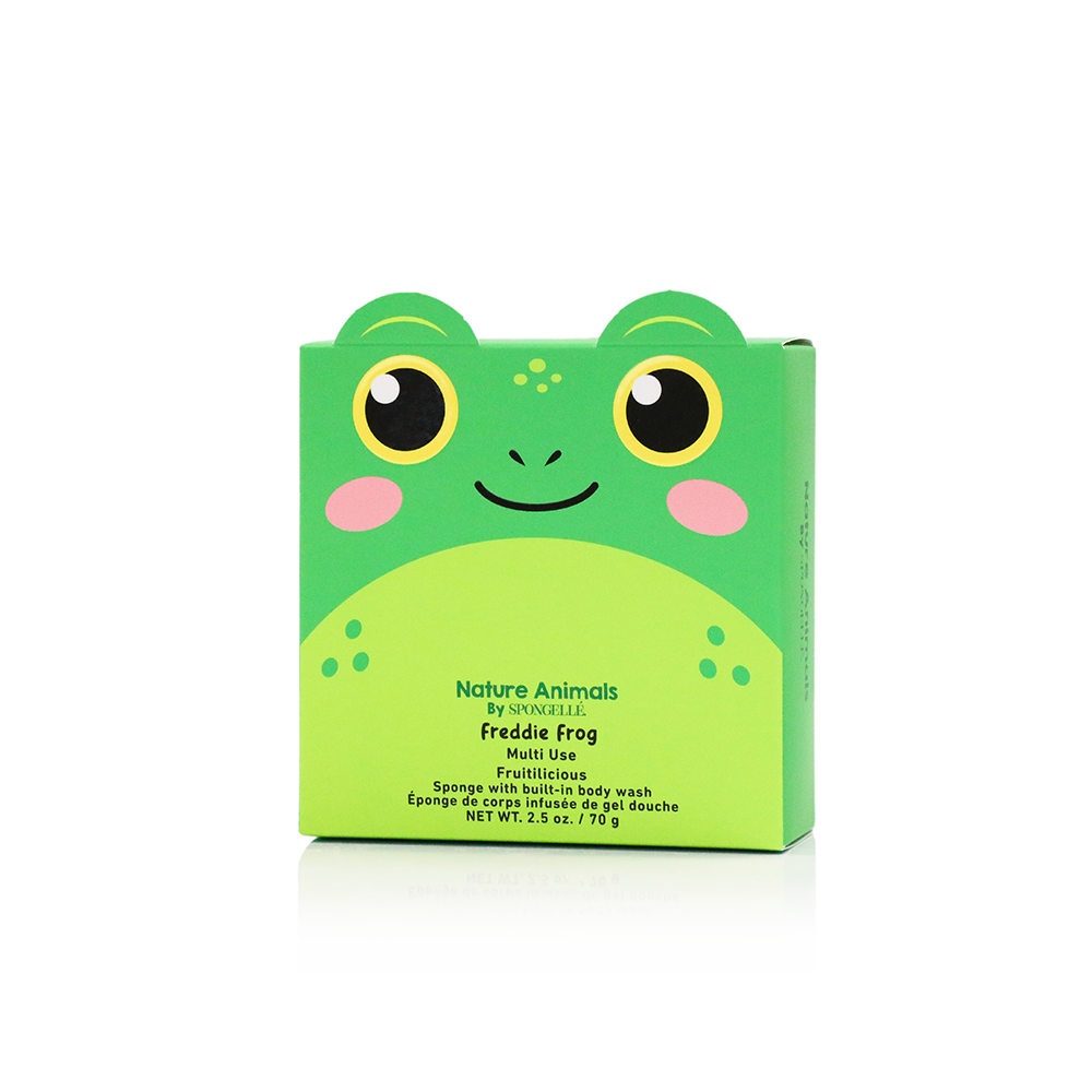 Frog-face bath sponge gift box, green and lime with smiling frog design