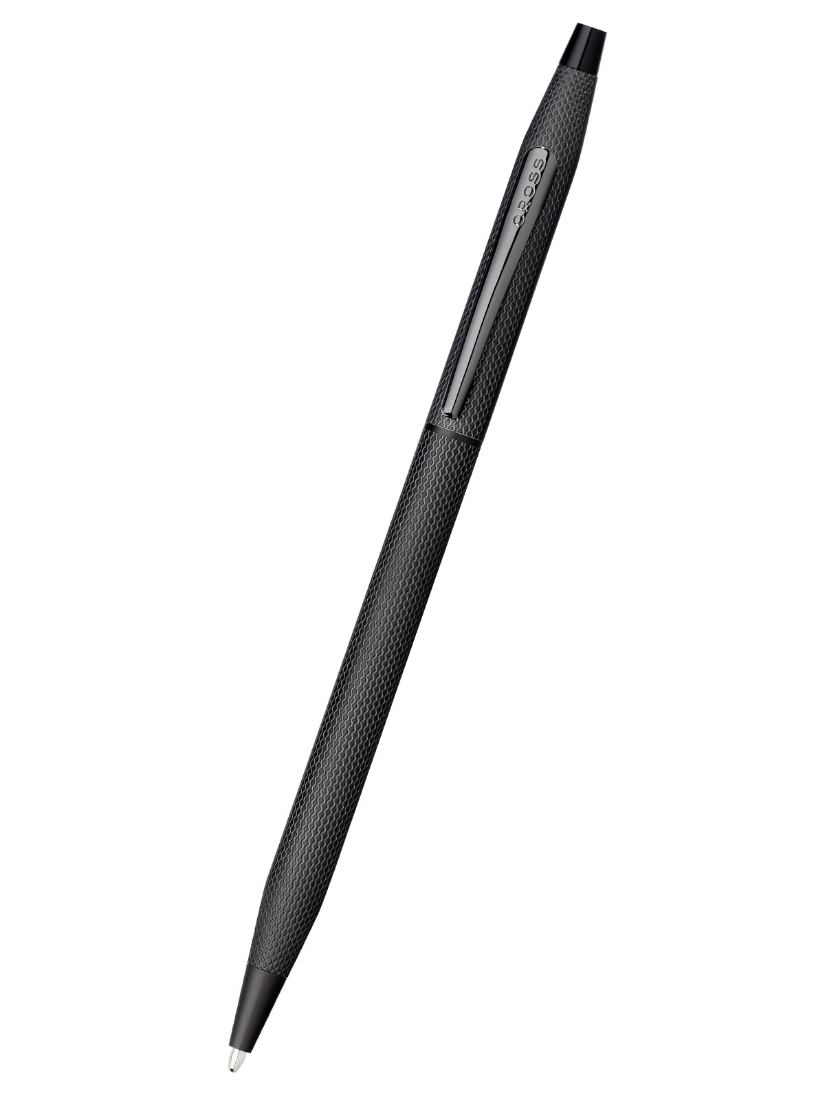 Black PVD ballpoint pen angled view with textured finish and metal tip