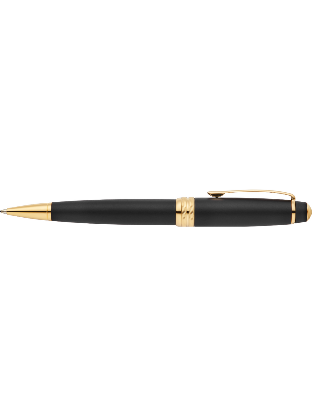 Matte black ballpoint pen with gold tip, barrel band, and clip
