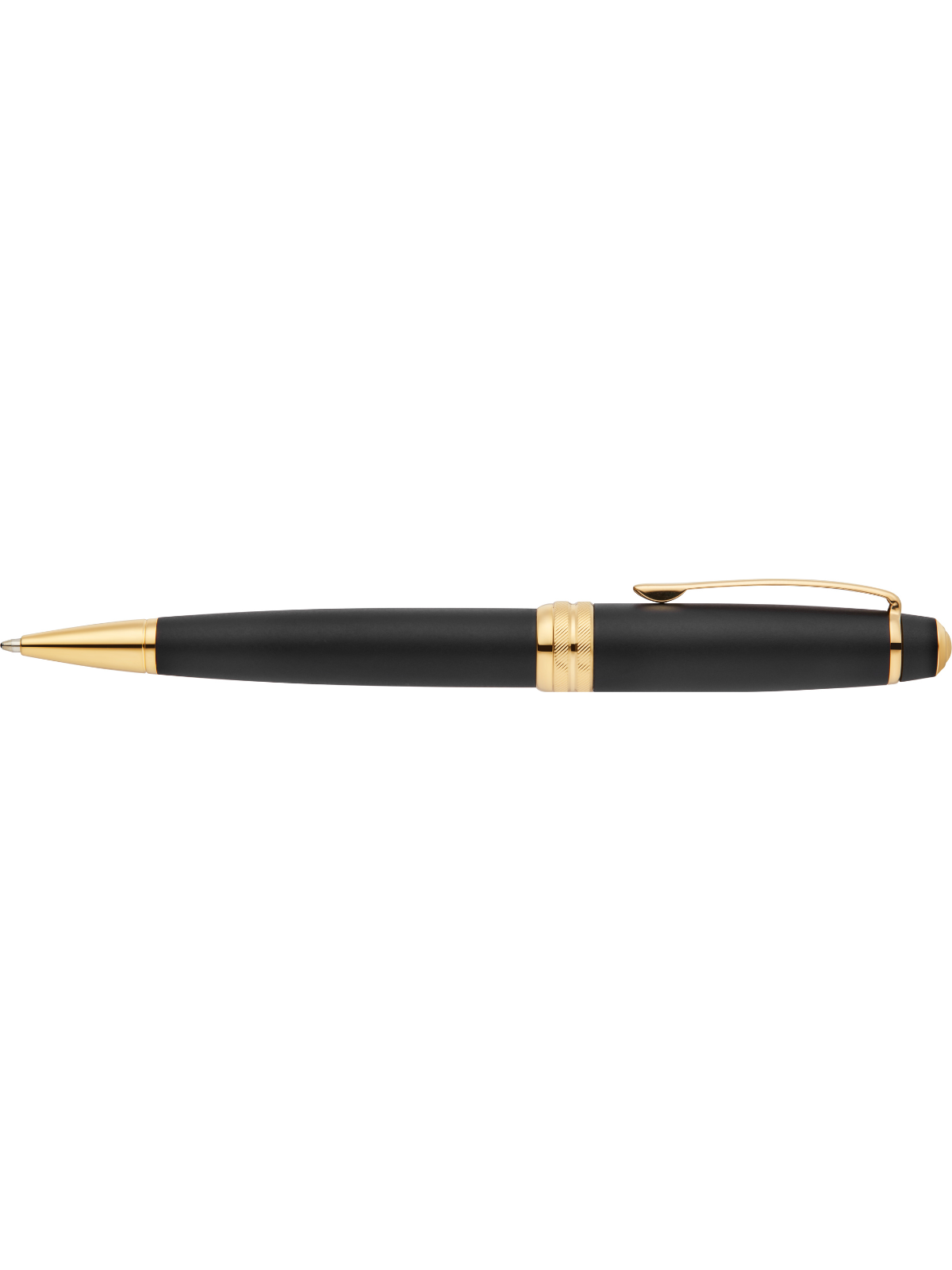 Matte black ballpoint pen with gold tip, barrel band, and clip