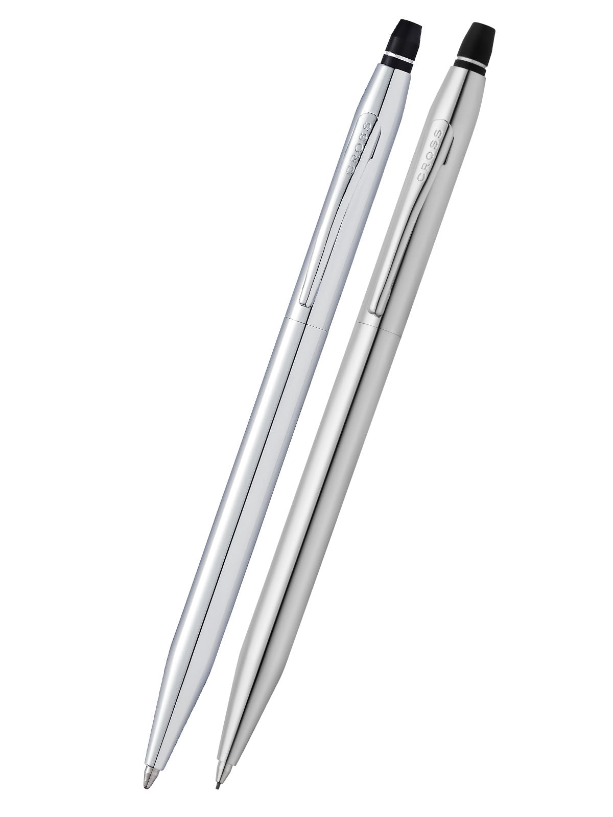 Chrome pen and pencil set with black caps and pointed tips