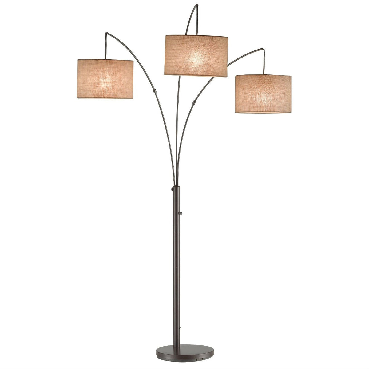 Modern three-light arch floor lamp with antique bronze finish and three drum fabric shades