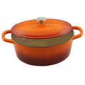 Orange enamel cast iron Dutch oven with lid, side handles, and top knob