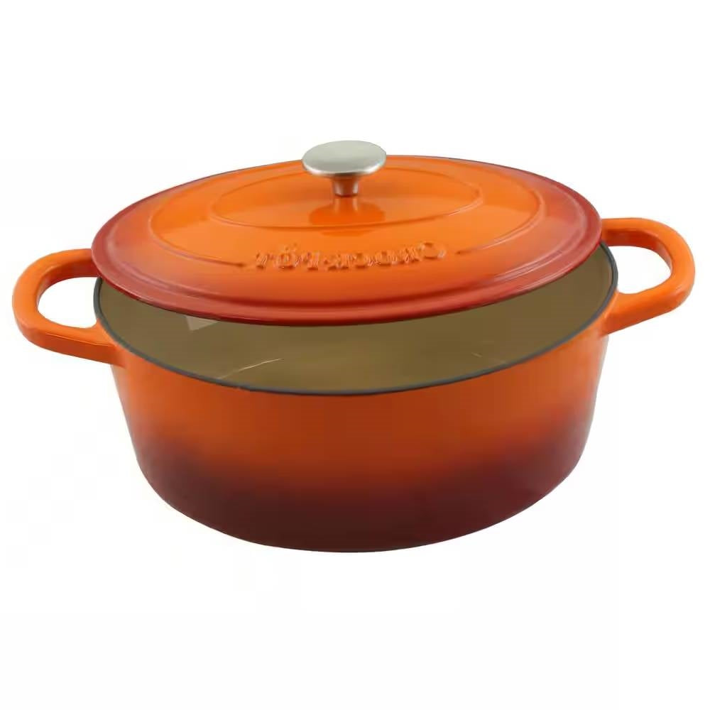 Orange enamel cast iron Dutch oven with lid, side handles, and top knob