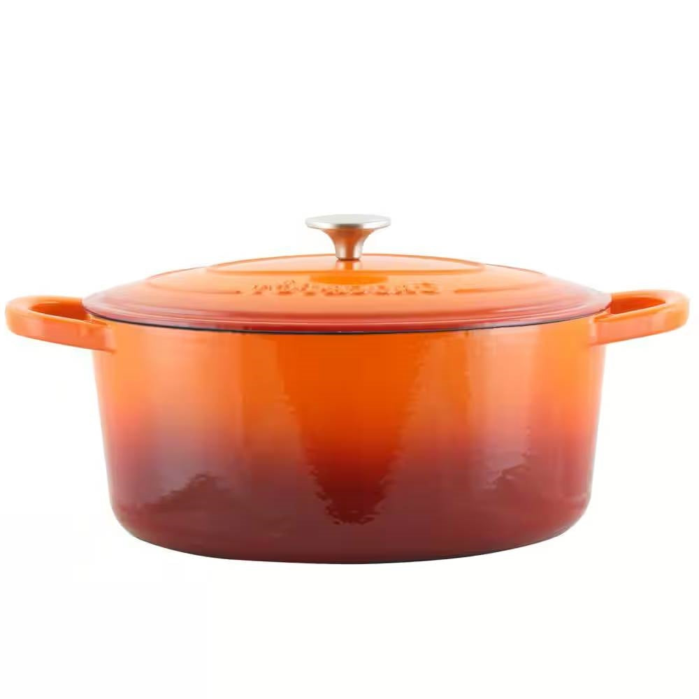 Orange enamel Dutch oven with matching lid, central knob, and side handles