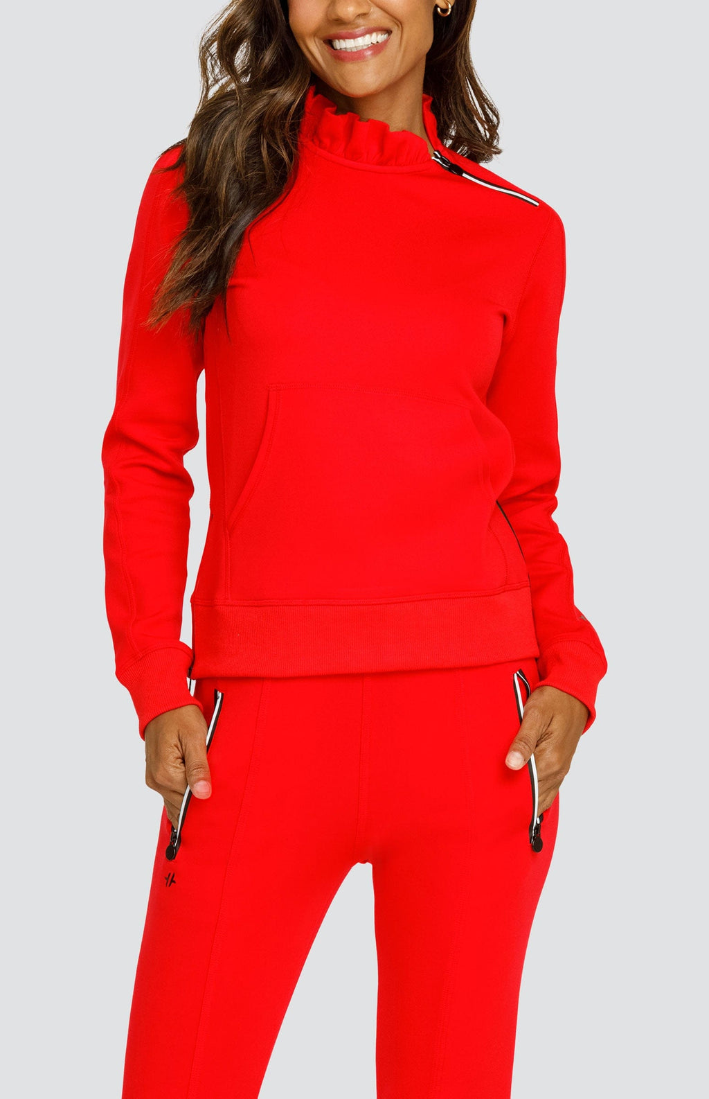 Red pullover with mock neck and zip detail at the sides, long sleeves