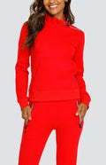 Red pullover with mock neck and zip detail at the sides, long sleeves