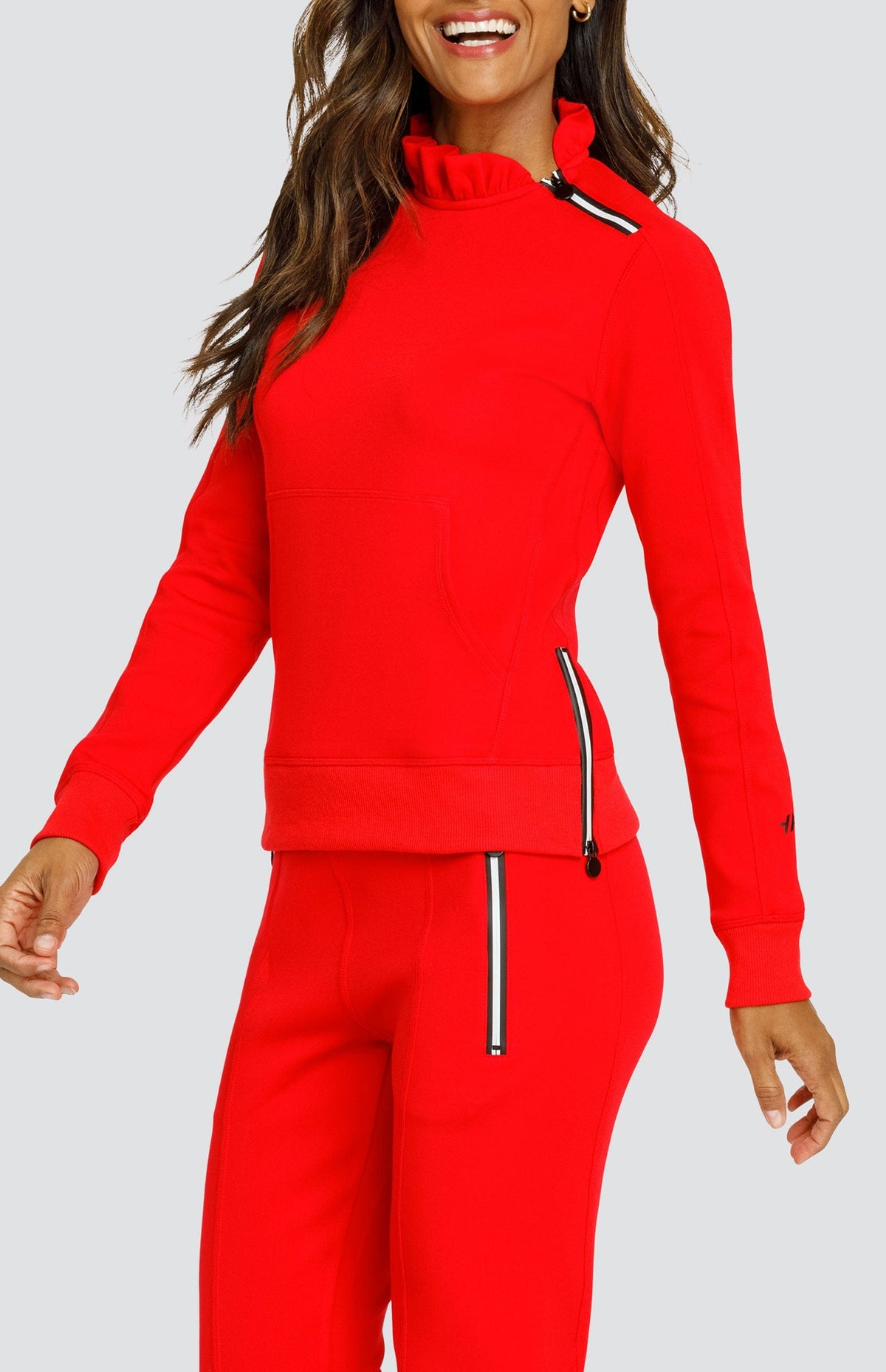 Red zip-detail mock-neck pullover with long sleeves and side zipper accents