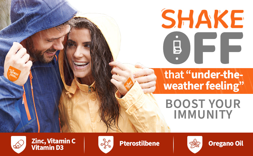 Immunity patch packet held by person, orange and white label