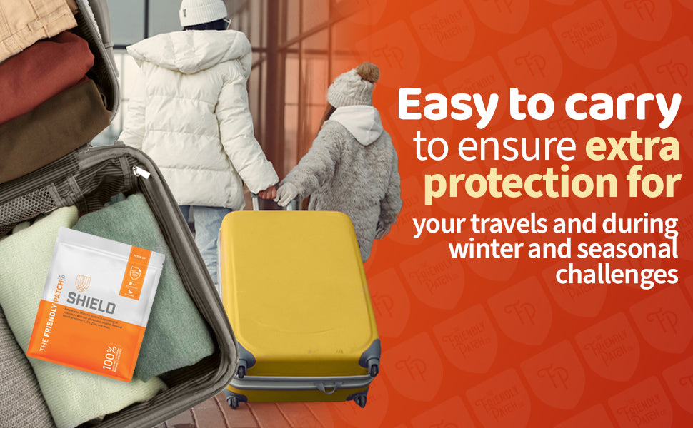 Immunity patch packets in travel suitcase, orange and white pack