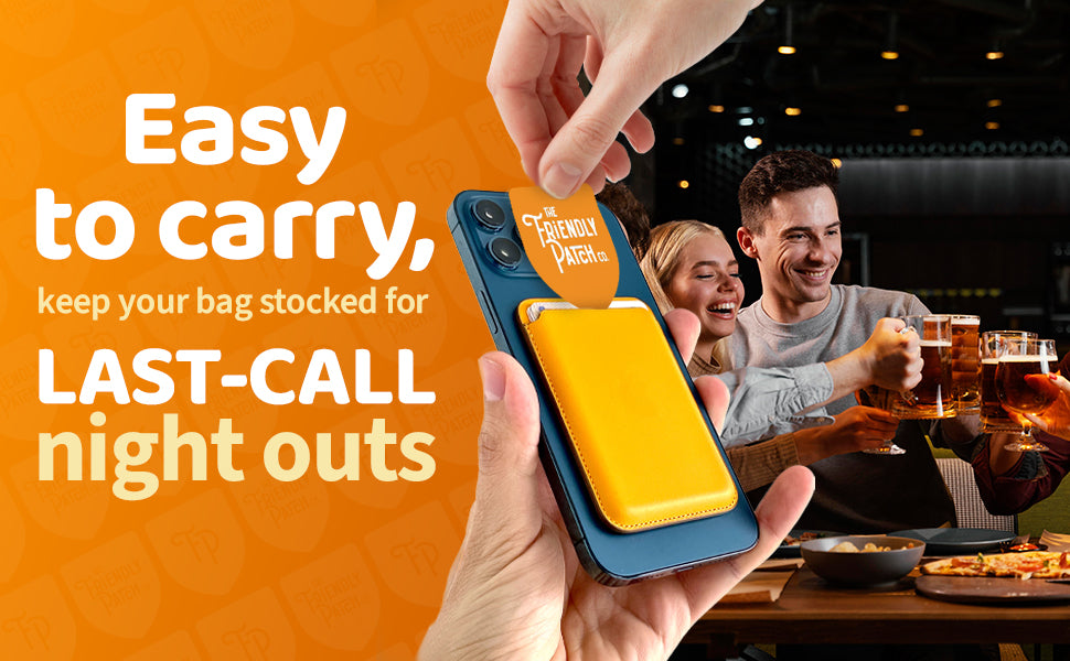 Hand holds the patch travel case near a dining table with friends