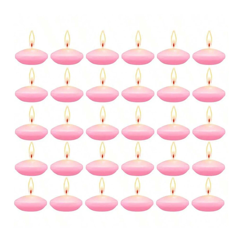 Mini floating candles set with lit flames, pink oval wax cups