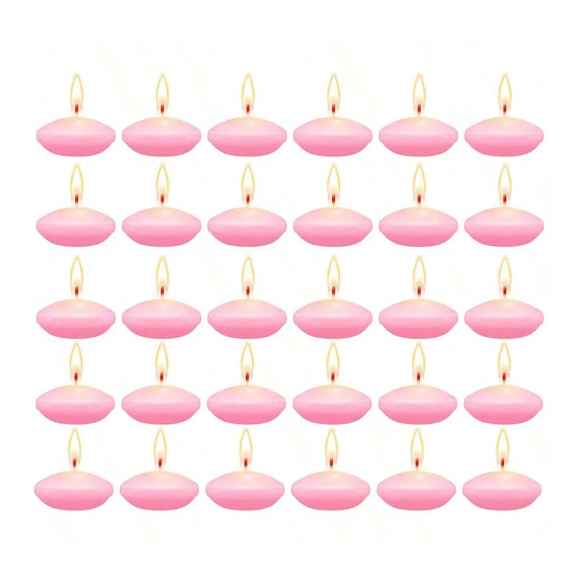 Mini floating candles set with lit flames, pink oval wax cups