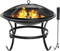 Black steel fire pit with mesh screen and log grate, round bowl on four legs