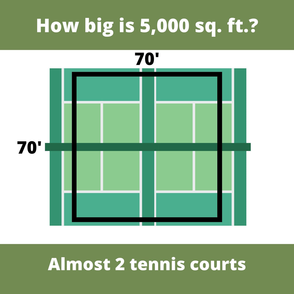 Lawn seed kit coverage infographic: 5,000 sq ft, almost 2 tennis courts