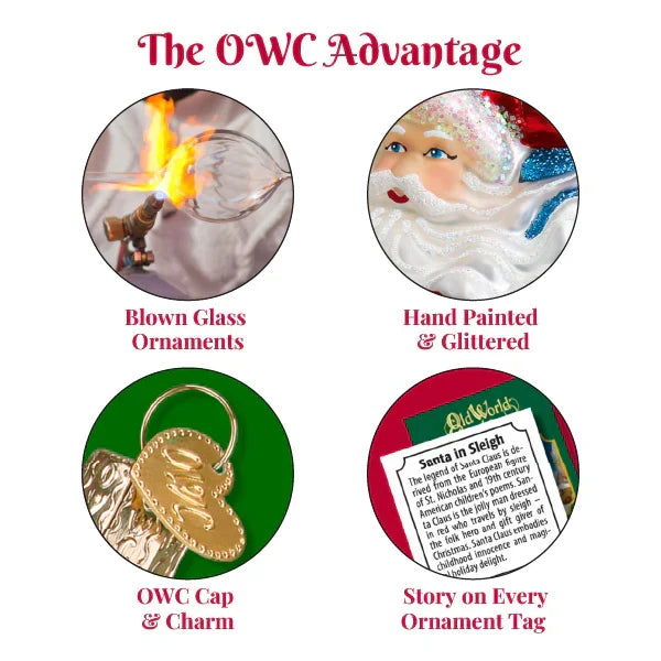 OWC Advantage ornament features infographic with icons for blown glass and hand-painted glitter