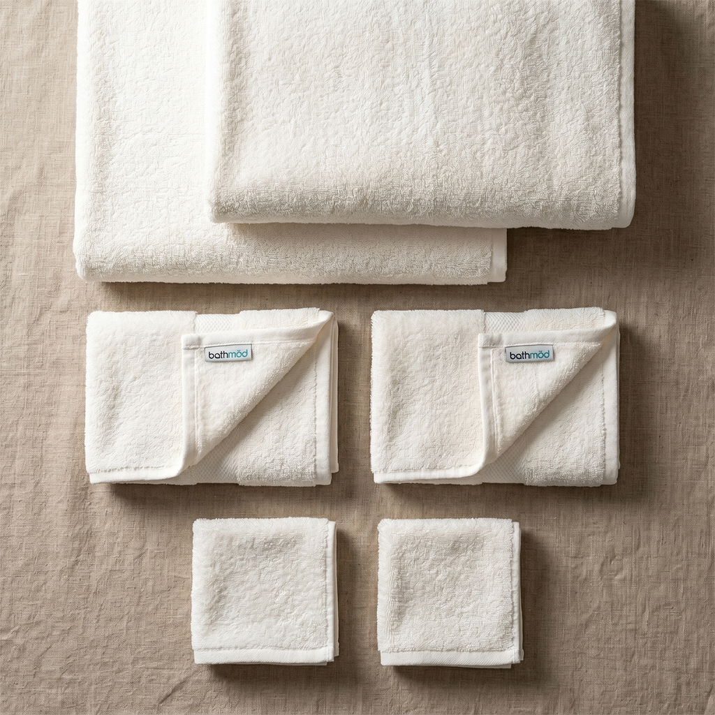 White organic cotton bath towel set, six neatly folded towels with plush texture