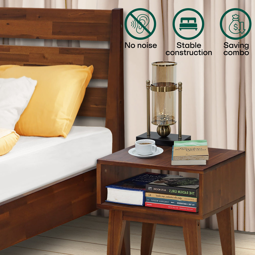 Walnut bed frame with slatted headboard and matching nightstand table beside